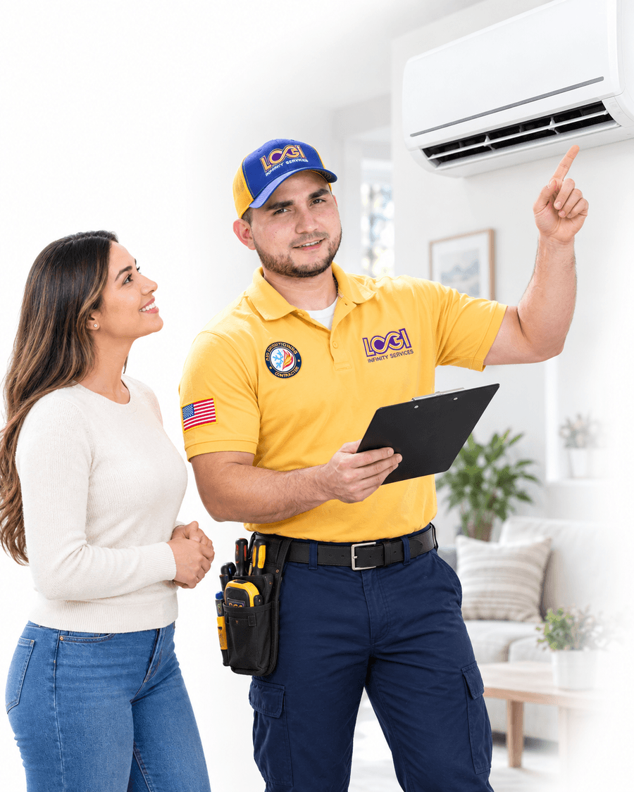 A LOGI Infinity technician showing a homeowner the ductless mini-split he has just installed